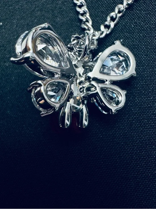 Women's Silver Chain Necklace with Burgundy Velvet Teddy and Crystal Wings - Picture 4 of 8